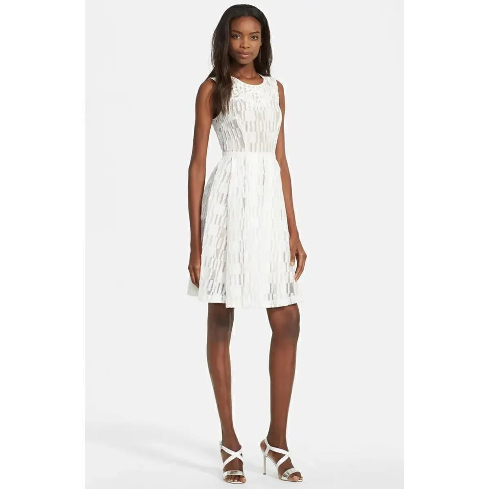 Tracy Reese Ivory A-Line Embroidered Organza Linen Sleeveless Dress size 4